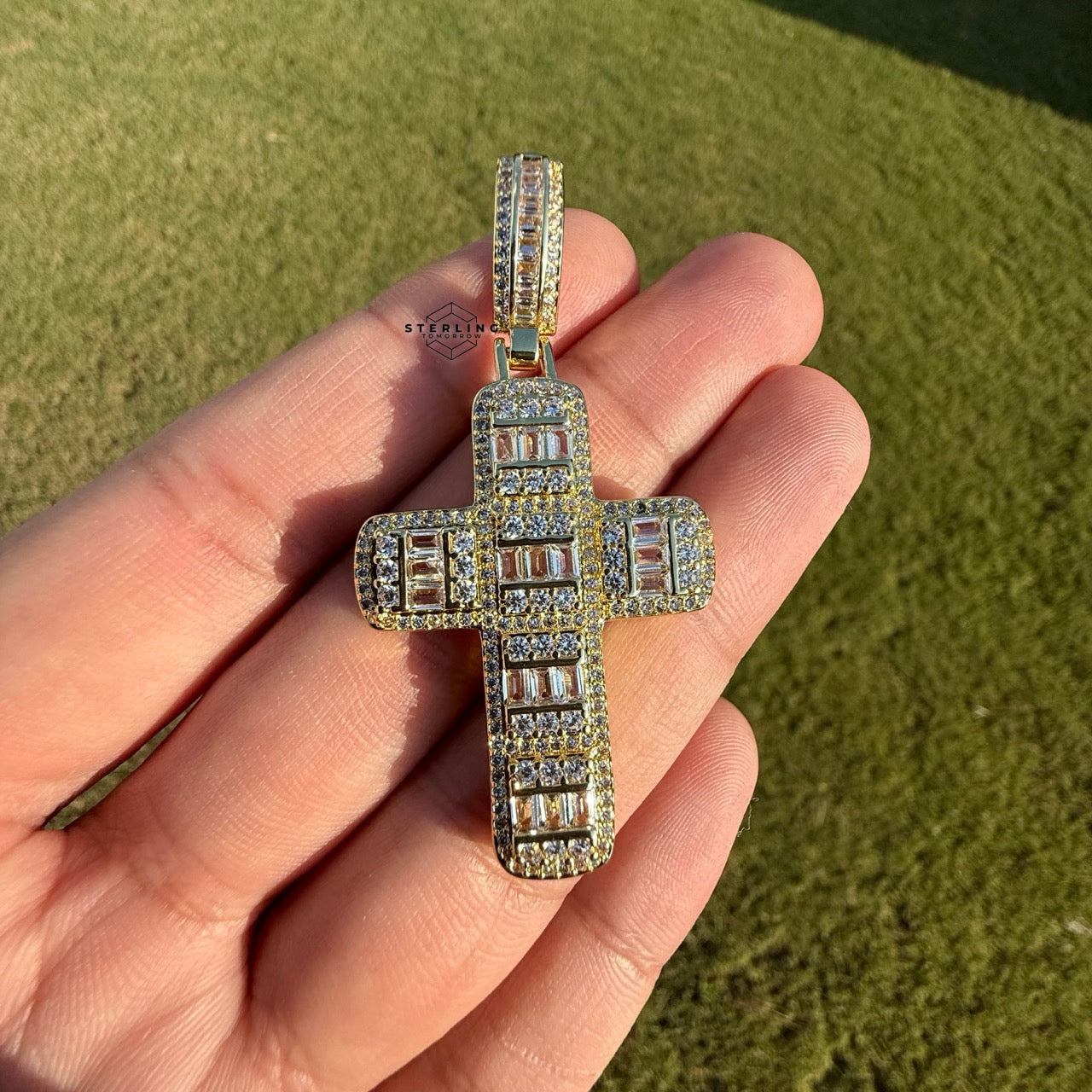 Baguette Cross Iced Out Gold Tone Pendant