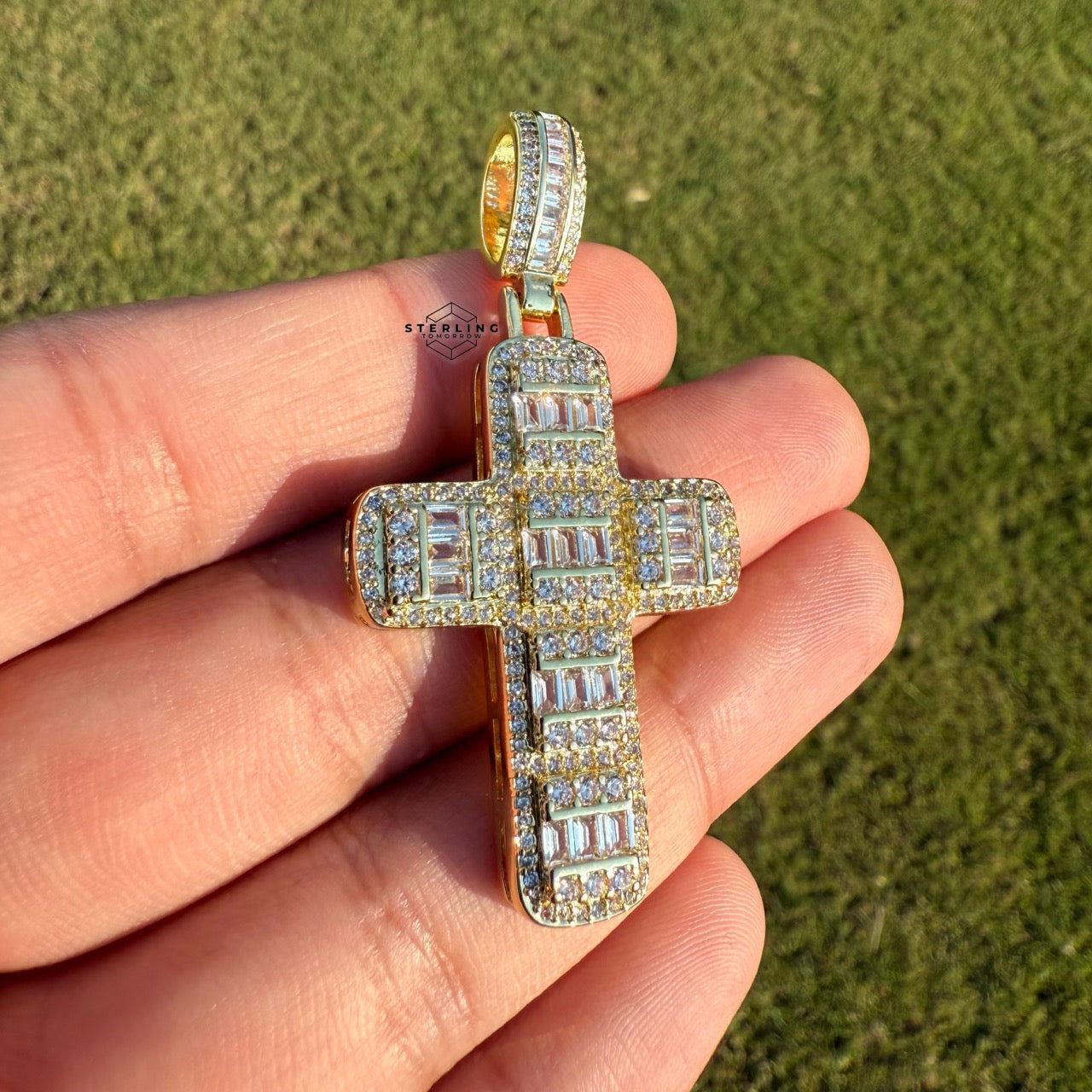 Baguette Cross Iced Out Gold Tone Pendant