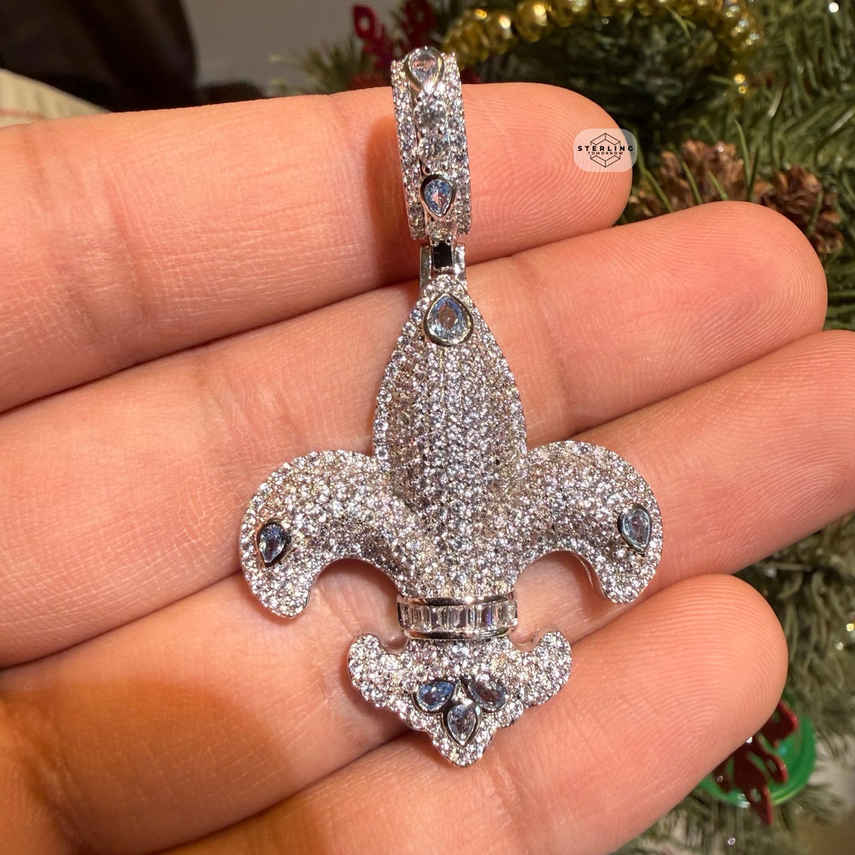 Fleur De Lis 14K White Gold Plated Iced Out Pendant