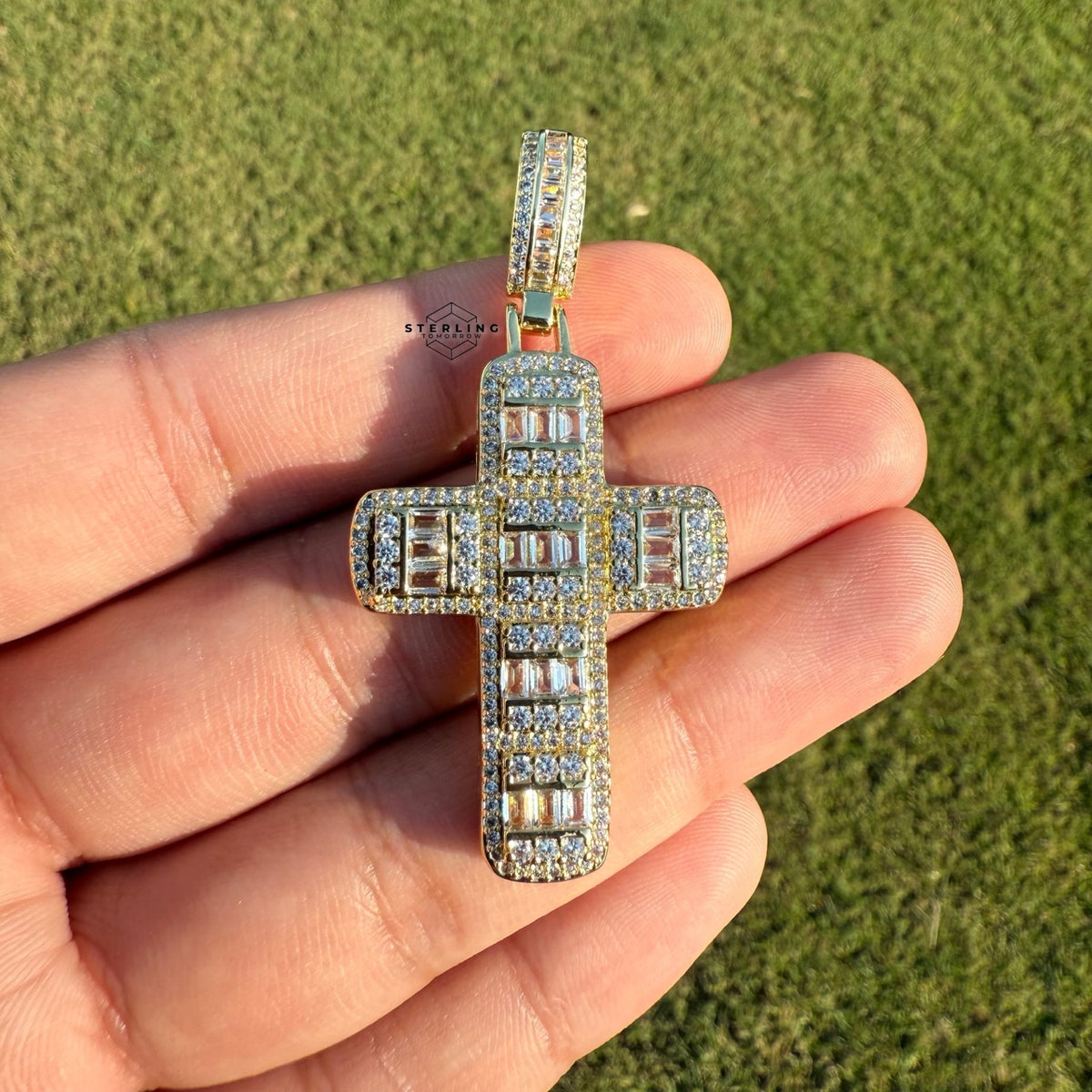 Baguette Cross Iced Out Gold Tone Pendant