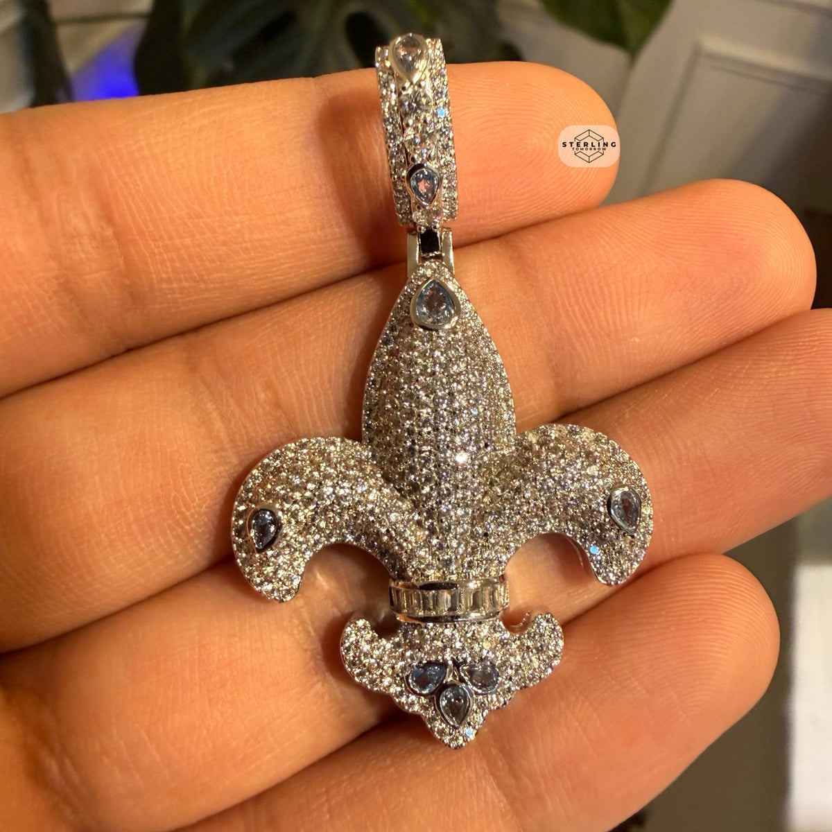Fleur De Lis 14K White Gold Plated Iced Out Pendant