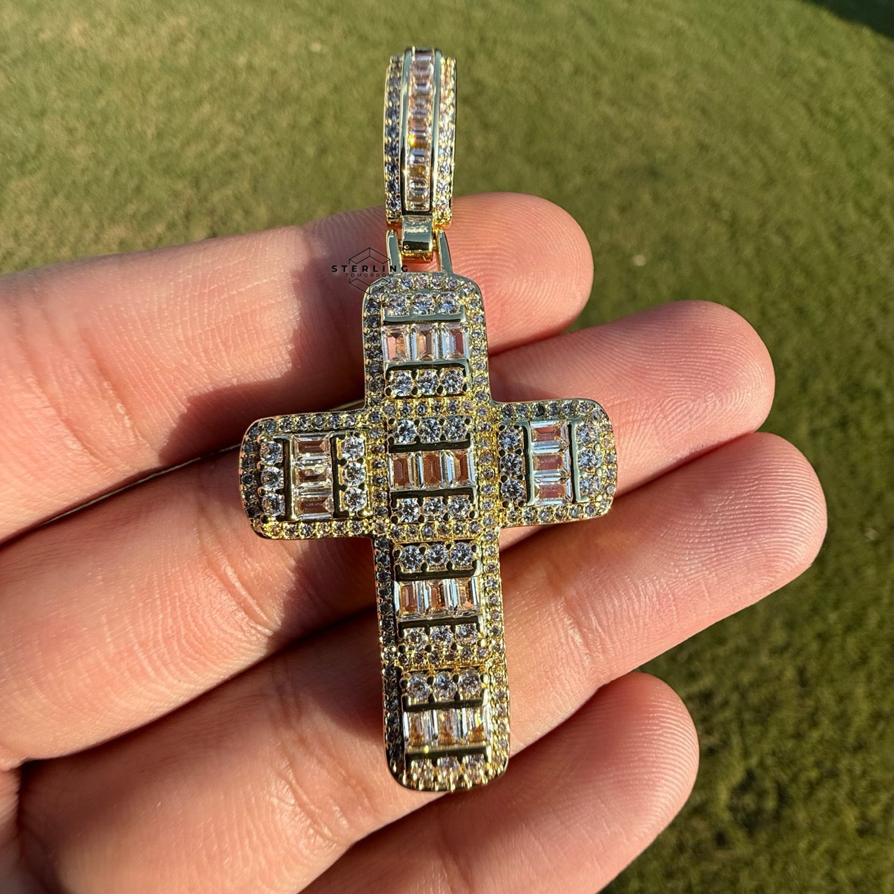 Baguette Cross Iced Out Gold Tone Pendant