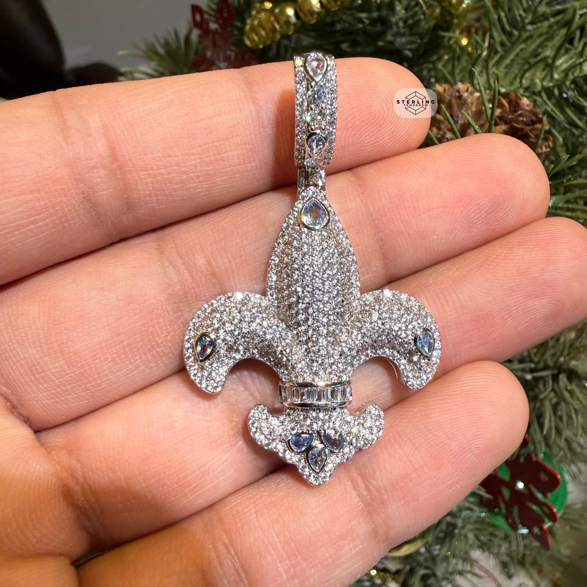 Fleur De Lis 14K White Gold Plated Iced Out Pendant