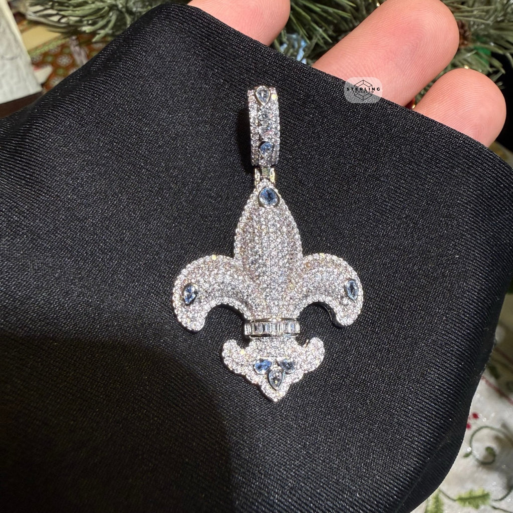 Fleur De Lis 14K White Gold Plated Iced Out Pendant