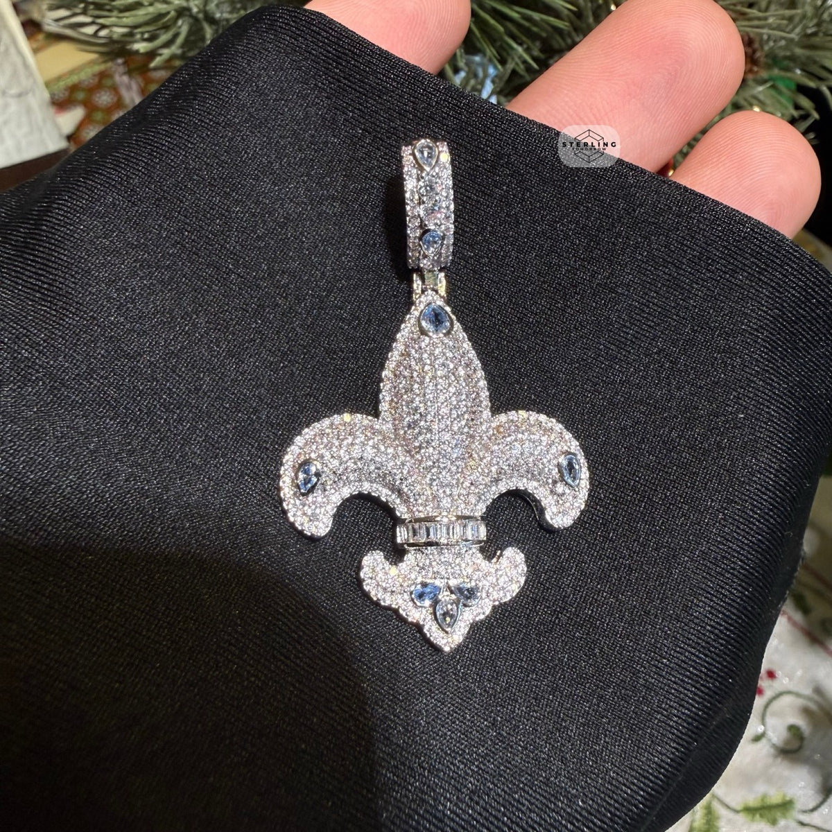 Fleur De Lis 14K White Gold Plated Iced Out Pendant