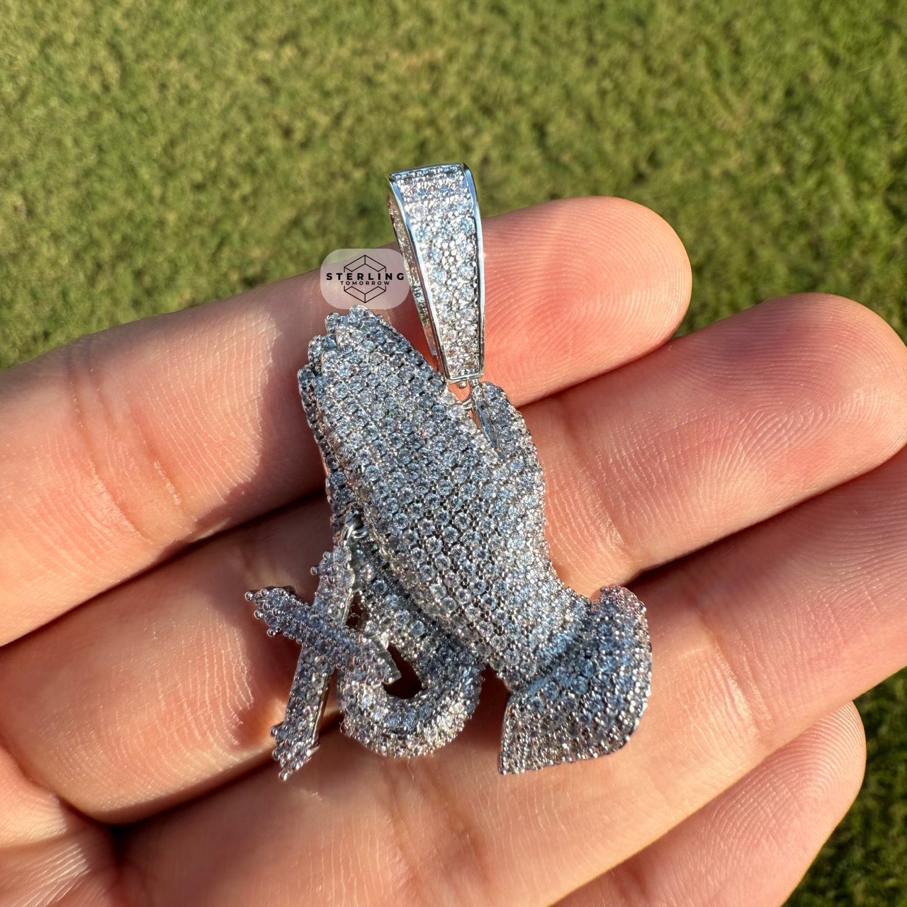 Praying Hands with Cross Iced Out Silver Tone Pendant