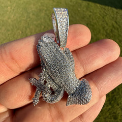 Praying Hands with Cross Iced Out Silver Tone Pendant