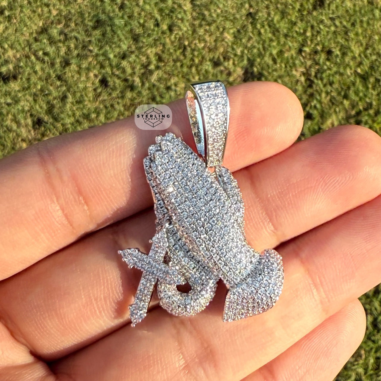 Praying Hands with Cross Iced Out Silver Tone Pendant