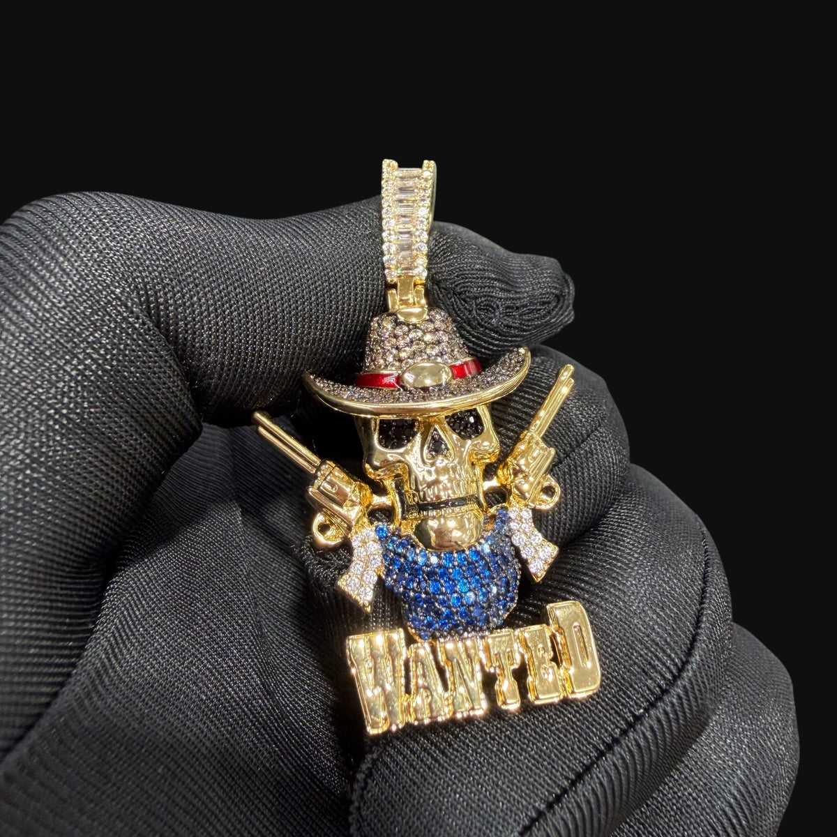 14k Gold Plated Iced Out Skull Cowboy Pendant