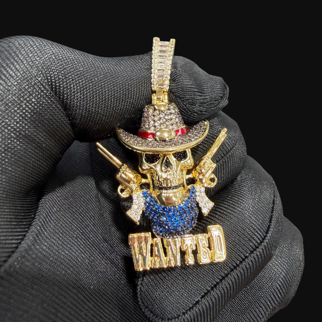 14k Gold Plated Iced Out Skull Cowboy Pendant