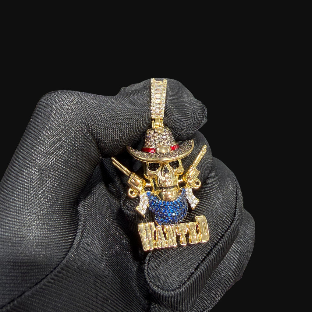 14k Gold Plated Iced Out Skull Cowboy Pendant