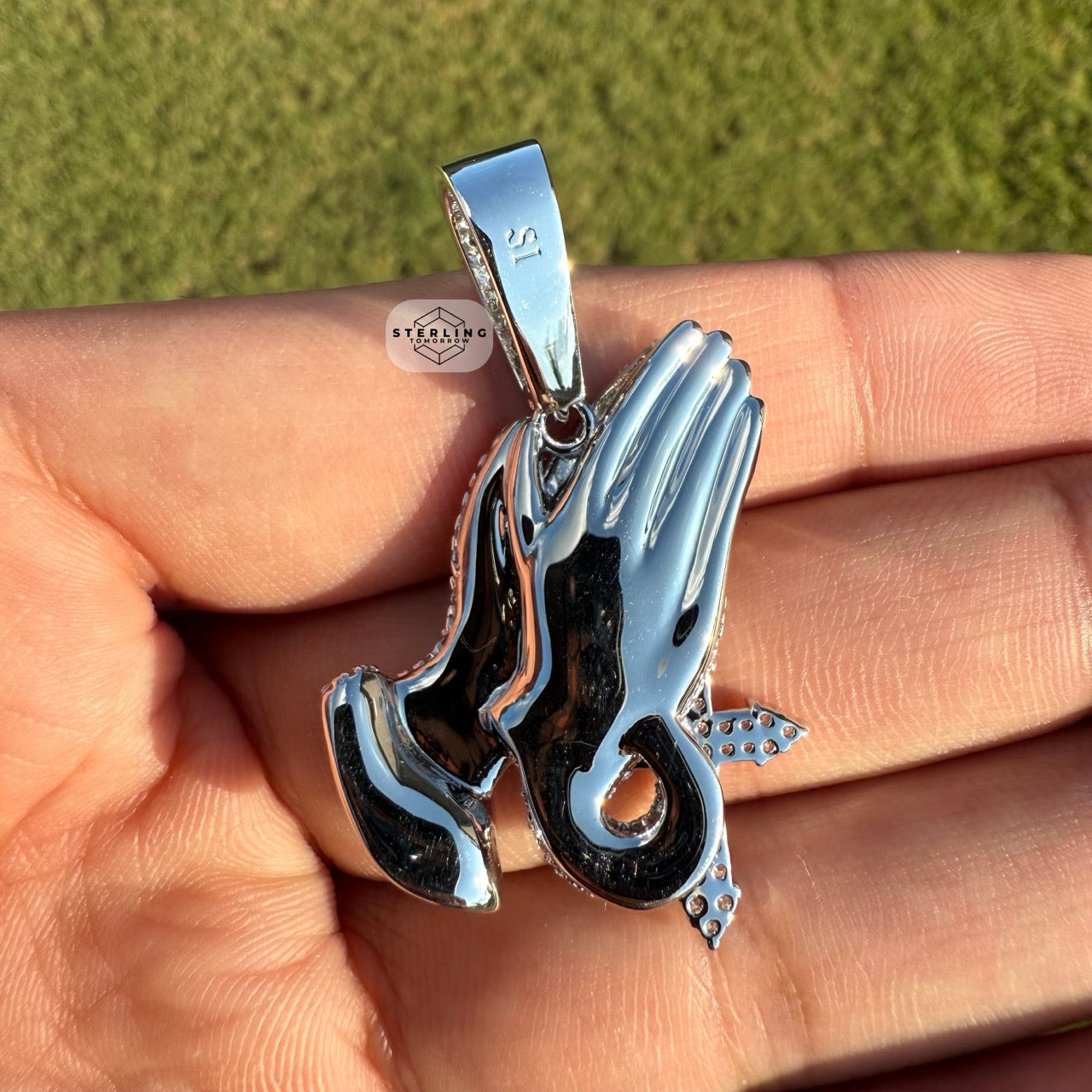 Praying Hands with Cross Iced Out Silver Tone Pendant