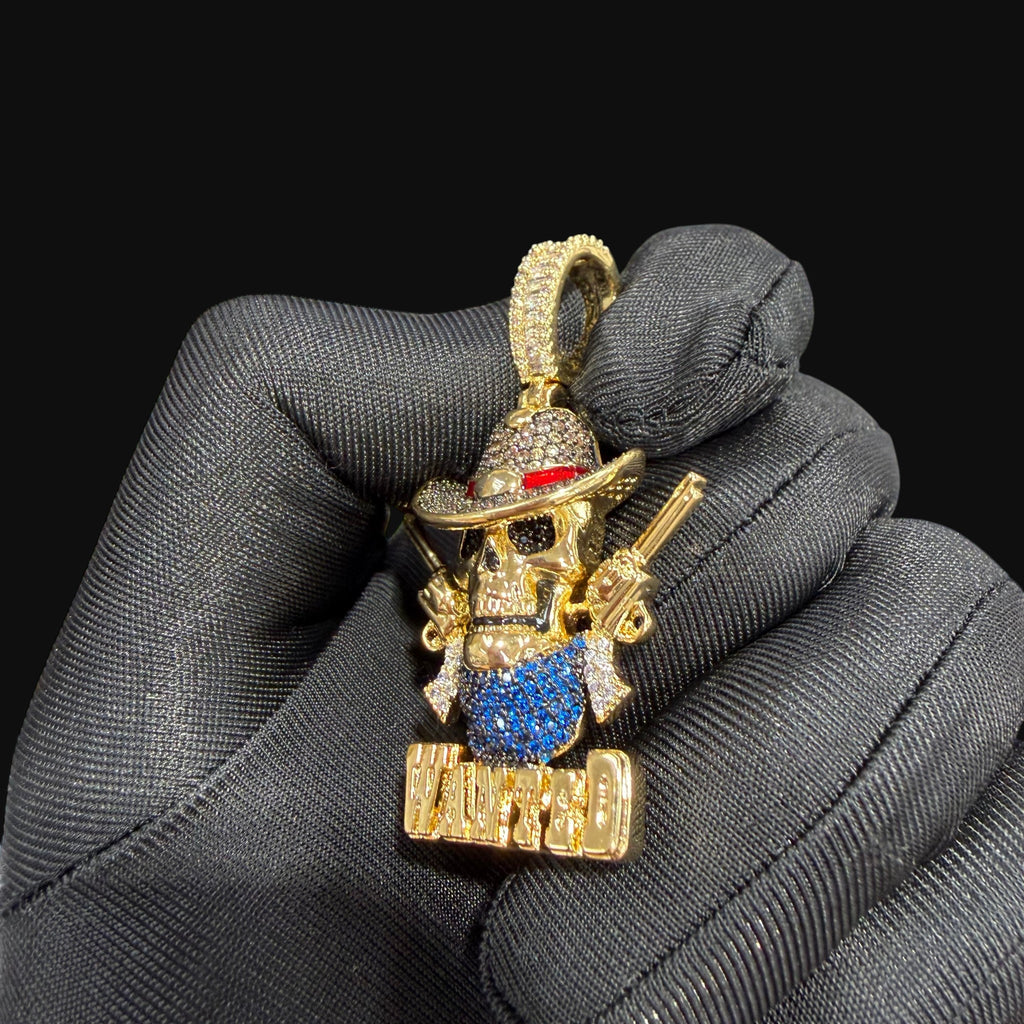 14k Gold Plated Iced Out Skull Cowboy Pendant
