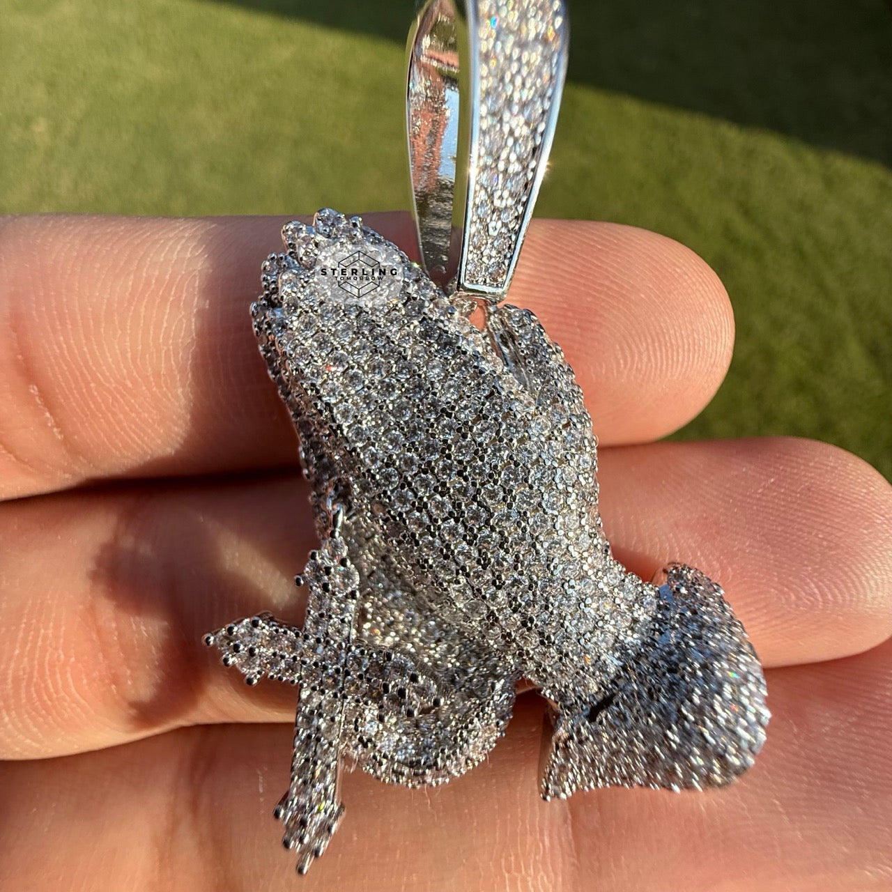 Praying Hands with Cross Iced Out Silver Tone Pendant