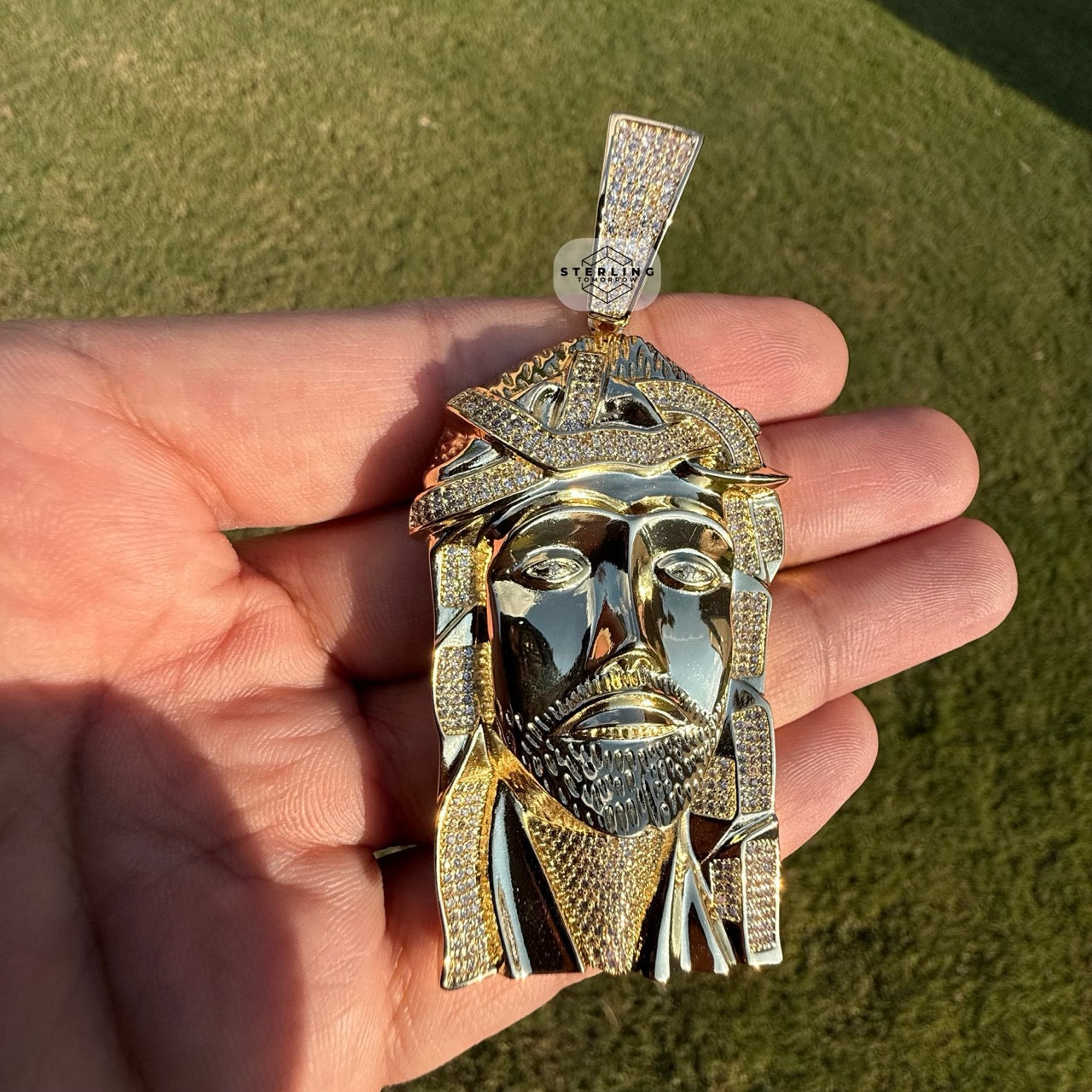 Large Jesus Face Iced Out Gold Tone Pendant