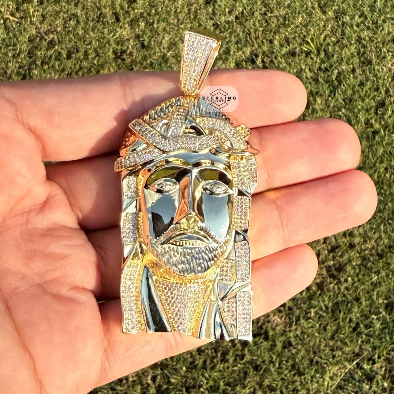 Large Jesus Face Iced Out Gold Tone Pendant