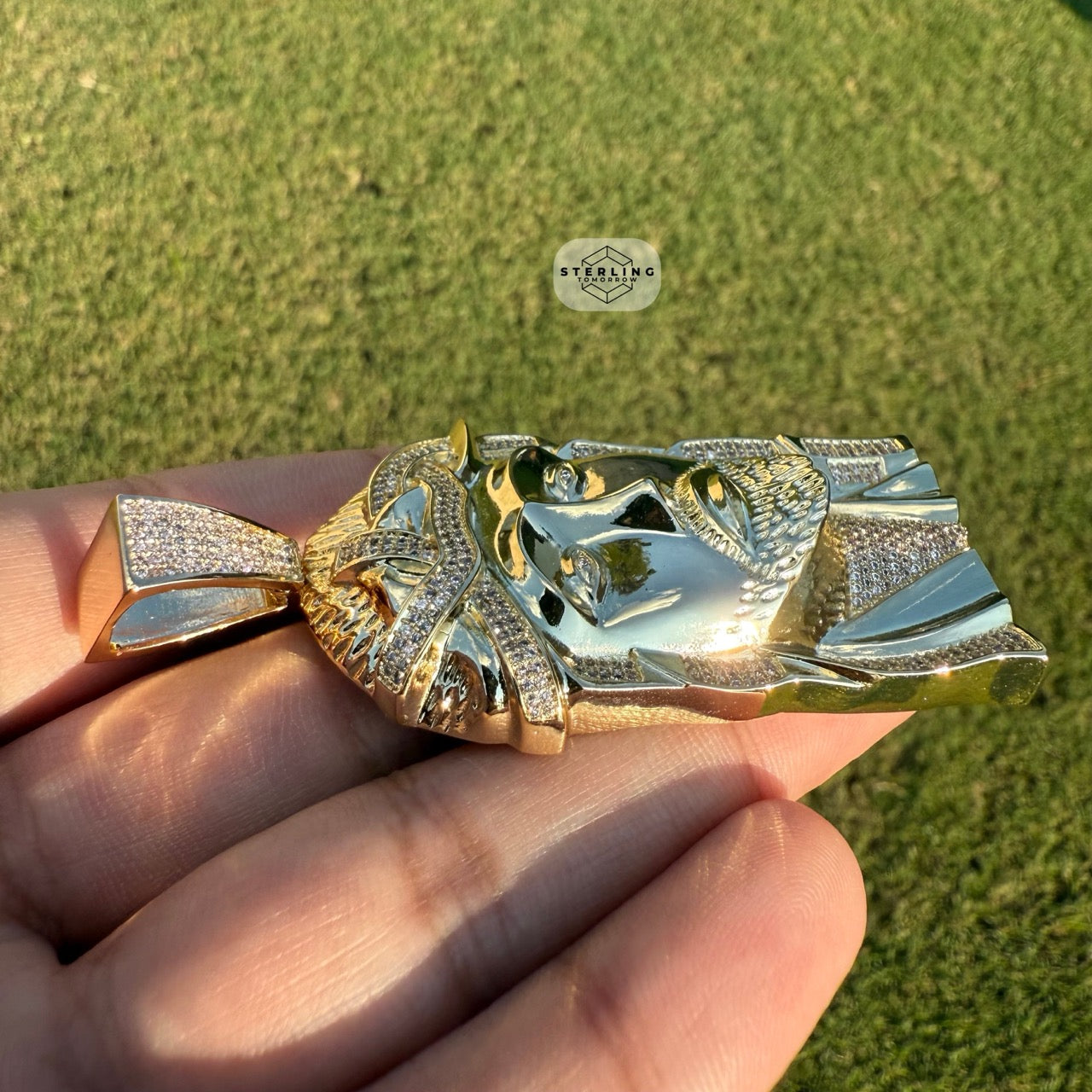 Large Jesus Face Iced Out Gold Tone Pendant