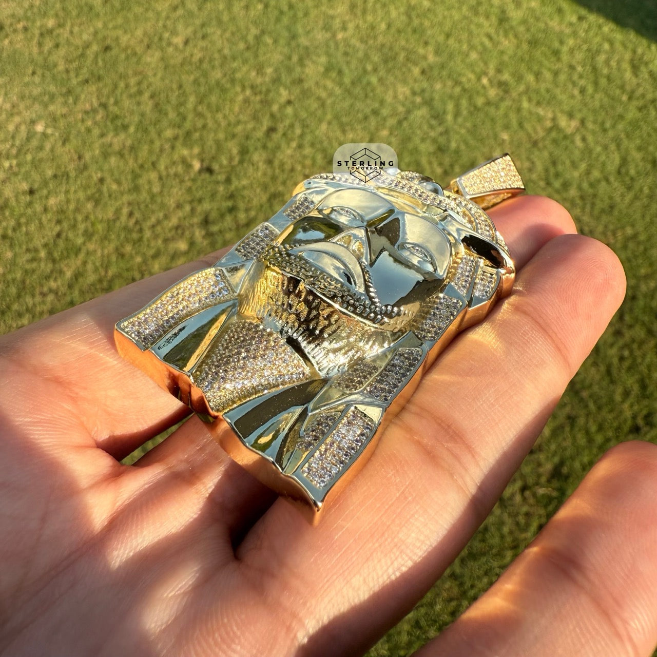 Large Jesus Face Iced Out Gold Tone Pendant