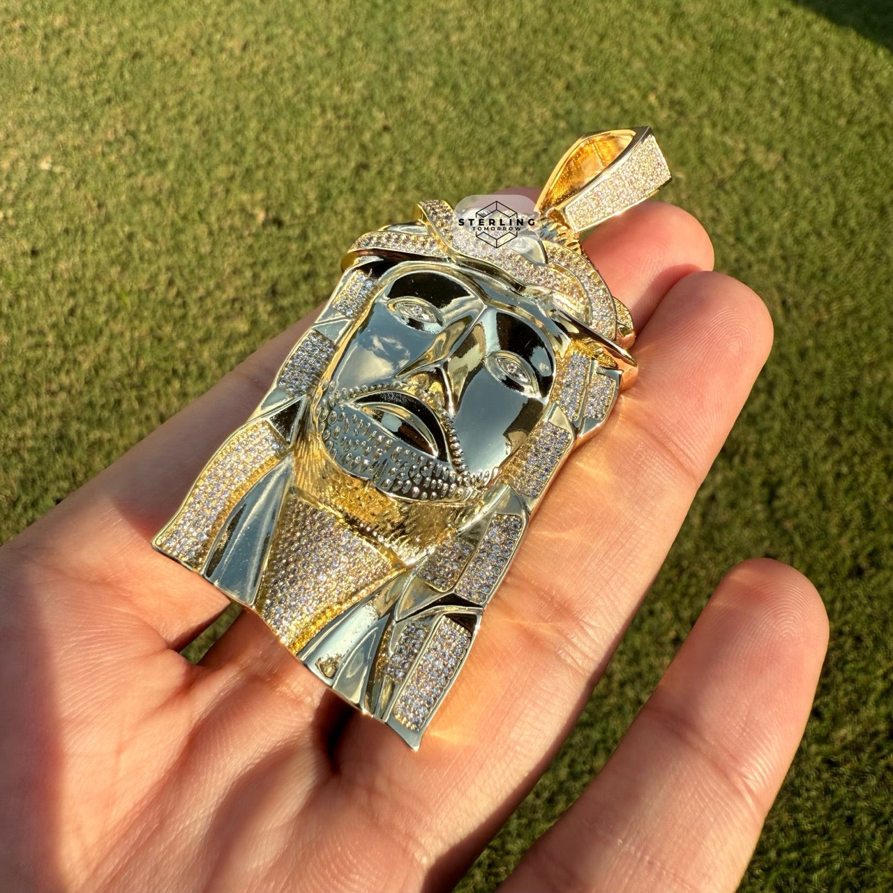 Large Jesus Face Iced Out Gold Tone Pendant