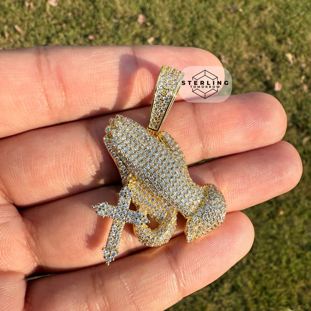 Praying Hands with Cross Iced Out Gold Tone Pendant