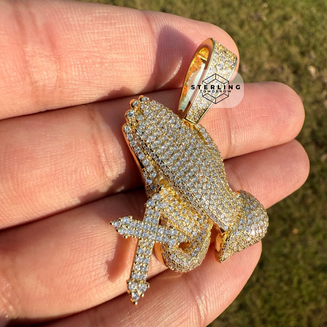 Praying Hands with Cross Iced Out Gold Tone Pendant