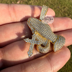 Praying Hands with Cross Iced Out Gold Tone Pendant