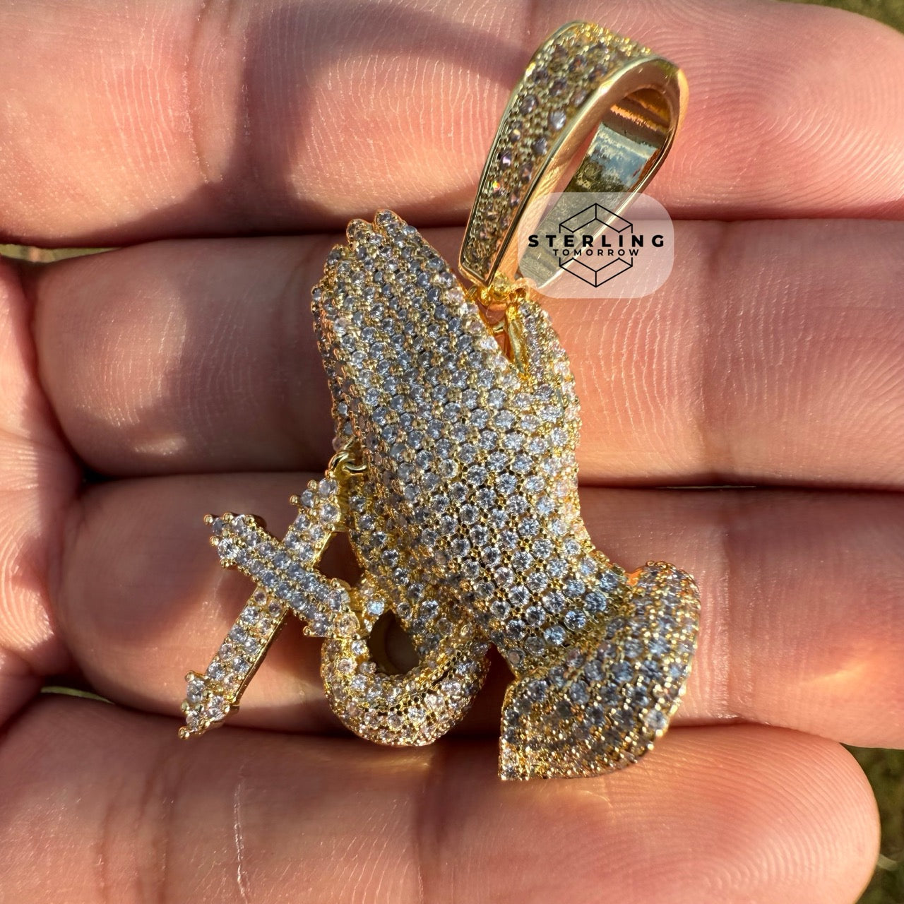 Praying Hands with Cross Iced Out Gold Tone Pendant