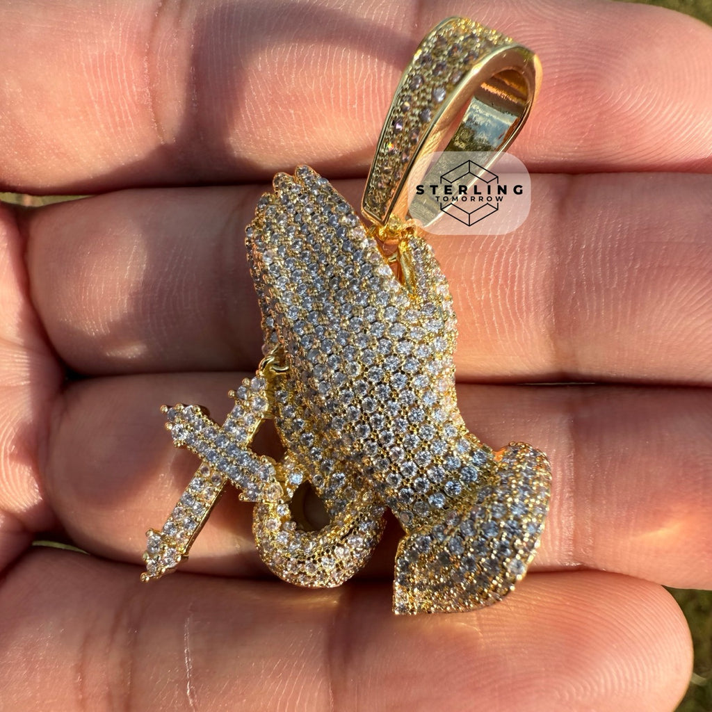 Praying Hands with Cross Iced Out Gold Tone Pendant