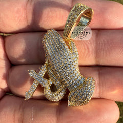 Praying Hands with Cross Iced Out Gold Tone Pendant