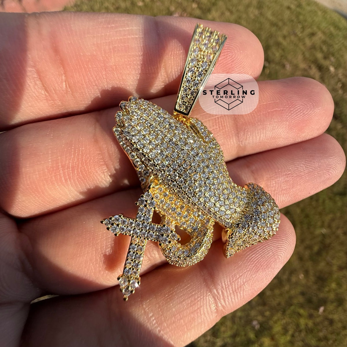 Praying Hands with Cross Iced Out Gold Tone Pendant