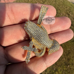 Praying Hands with Cross Iced Out Gold Tone Pendant