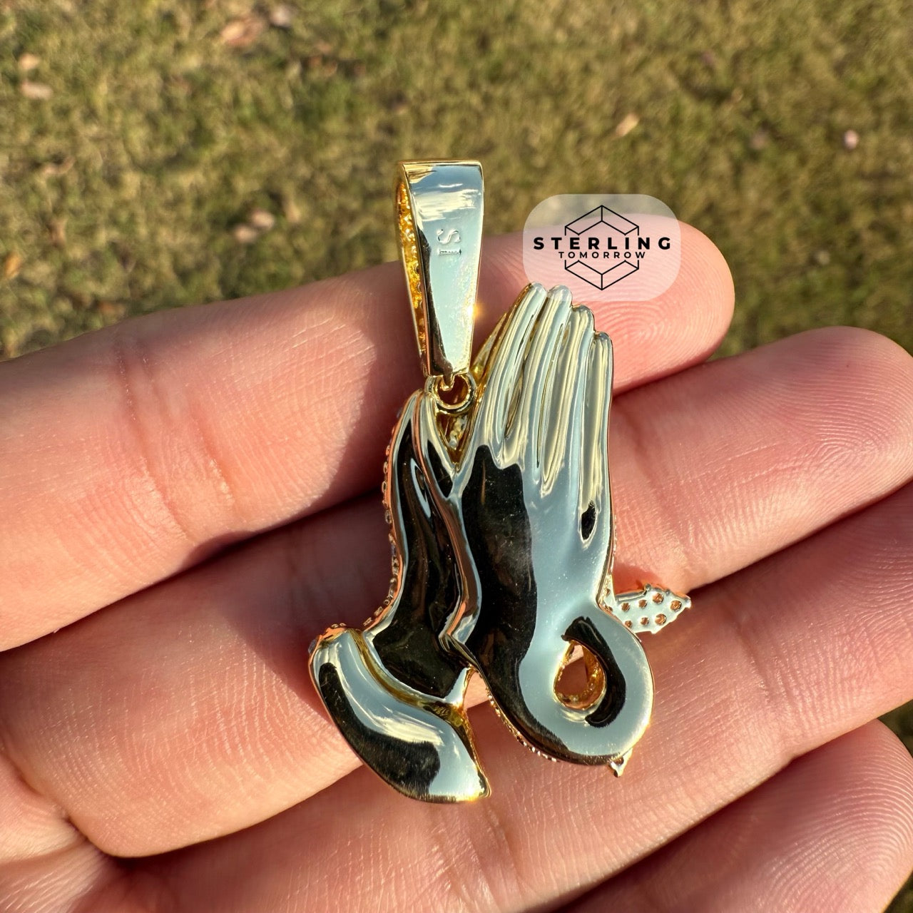 Praying Hands with Cross Iced Out Gold Tone Pendant