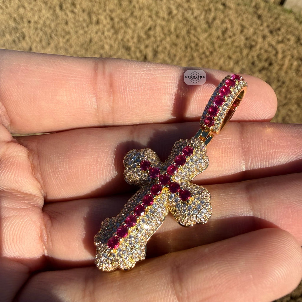 Pink 14K Gold Plated Iced Cross Pendant