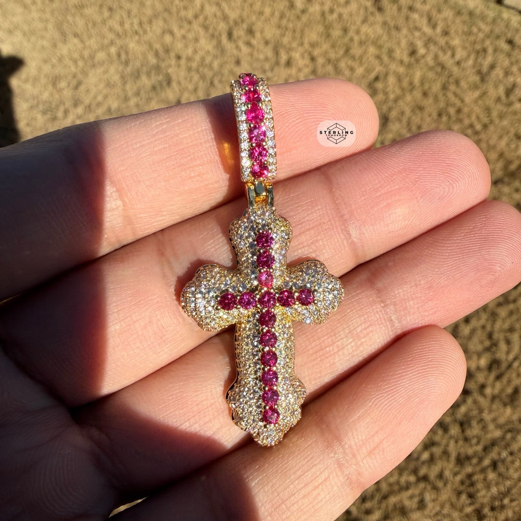 Pink 14K Gold Plated Iced Cross Pendant