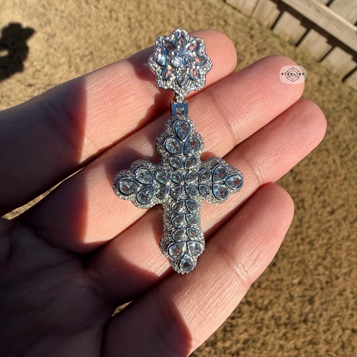 Pear Cut Cross Pendant 14k White Gold Plated