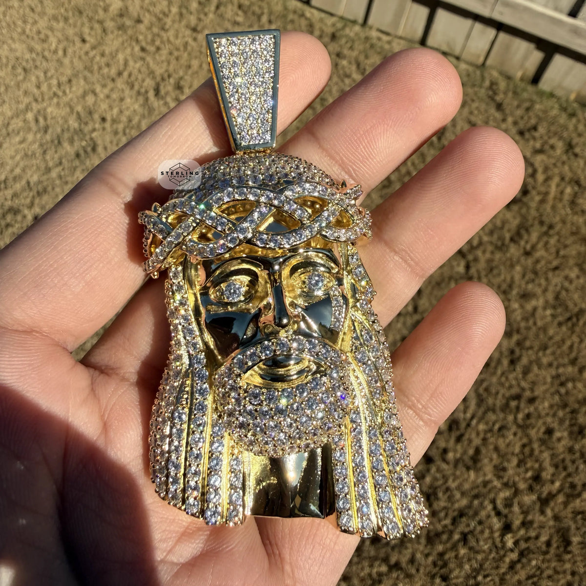 Large Jesus Thorns Iced Out Pendant - 14k Gold Plated