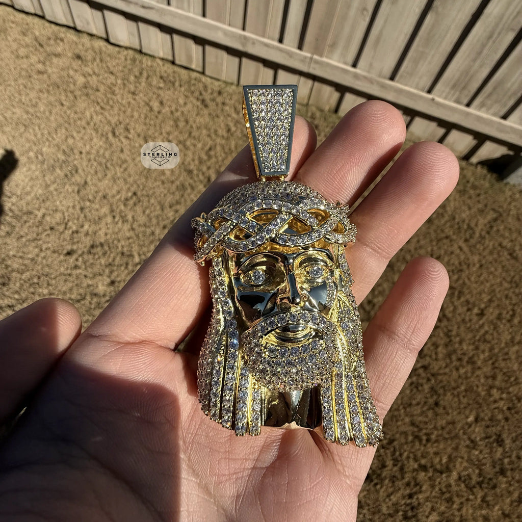 Large Jesus Thorns Iced Out Pendant - 14k Gold Plated