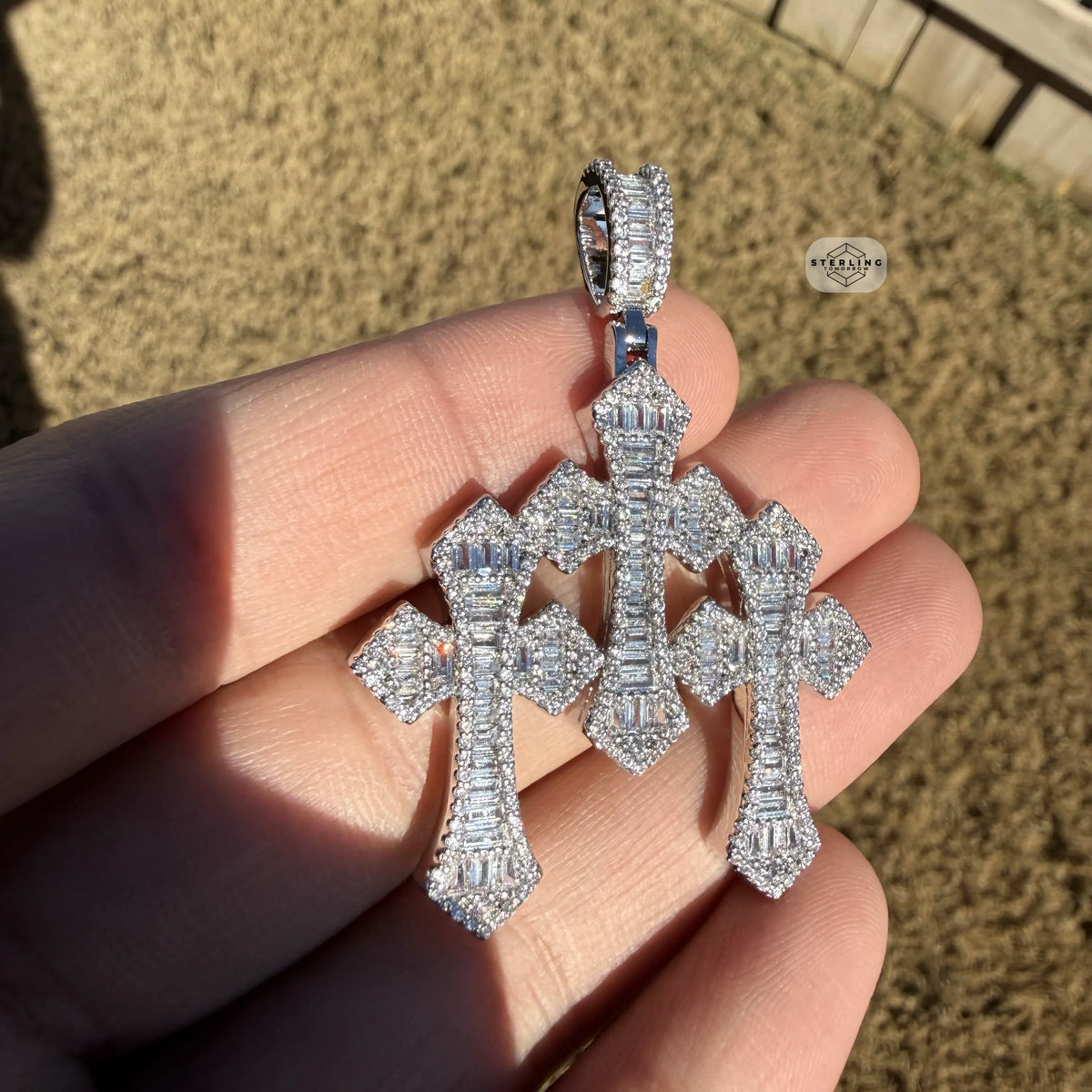 Triple Cross Baguette 14k White Plated Iced CZ Pendant