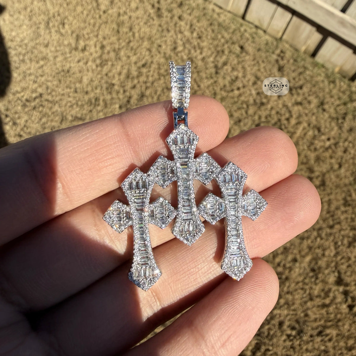 Triple Cross Baguette 14k White Plated Iced CZ Pendant