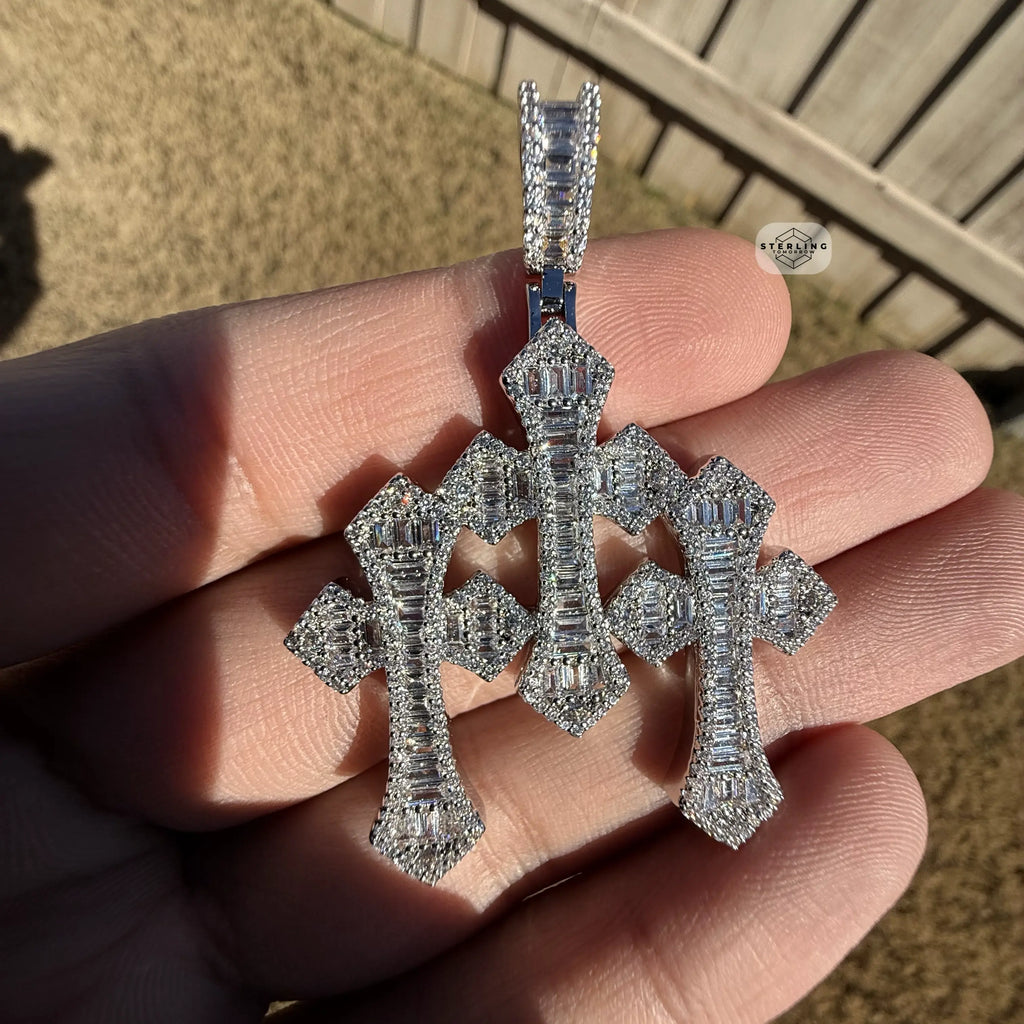Triple Cross Baguette 14k White Plated Iced CZ Pendant