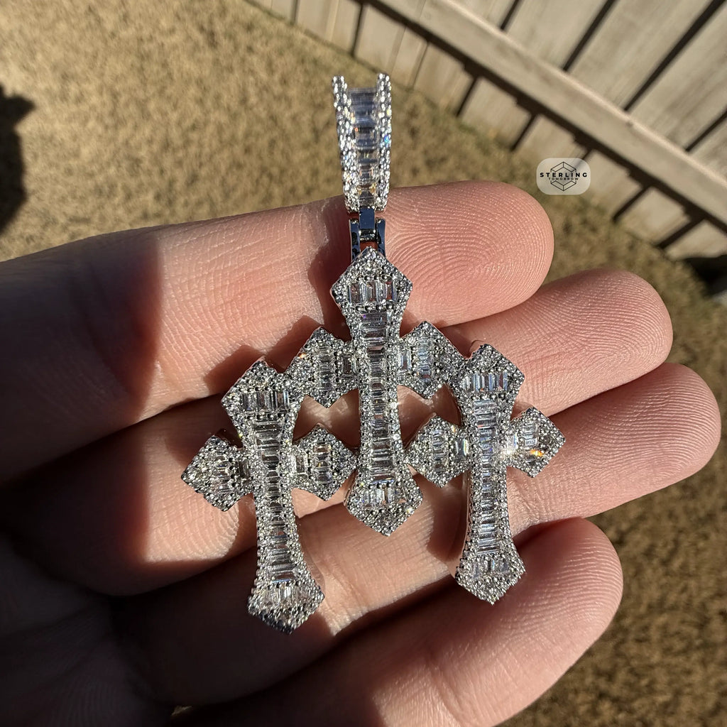Triple Cross Baguette 14k White Plated Iced CZ Pendant