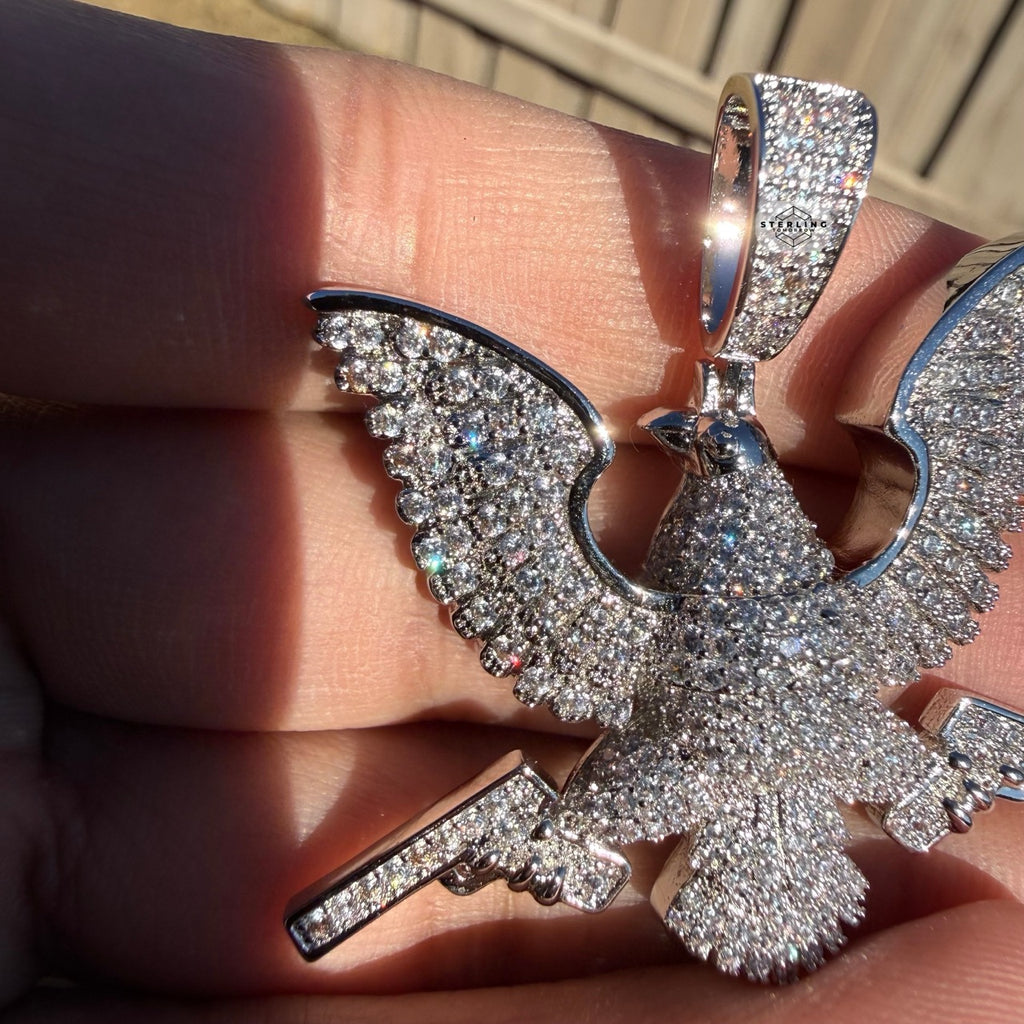 Eagle Guns 14k White Gold Plated Iced Pendant