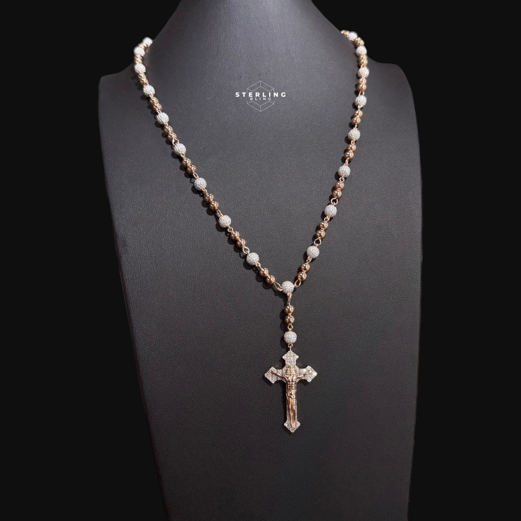 Rose Gold Two Tone Moissanite Rosary Necklace, Iced Out Snowball Bead Jesus Crucifix, 925 Sterling Silver, 22 Inch