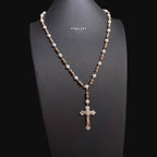 Rose Gold Two Tone Moissanite Rosary Necklace, Iced Out Snowball Bead Jesus Crucifix, 925 Sterling Silver, 22 Inch