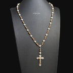 Rose Gold Two Tone Moissanite Rosary Necklace, Iced Out Snowball Bead Jesus Crucifix, 925 Sterling Silver, 22 Inch