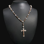 Rose Gold Two Tone Moissanite Rosary Necklace, Iced Out Snowball Bead Jesus Crucifix, 925 Sterling Silver, 22 Inch