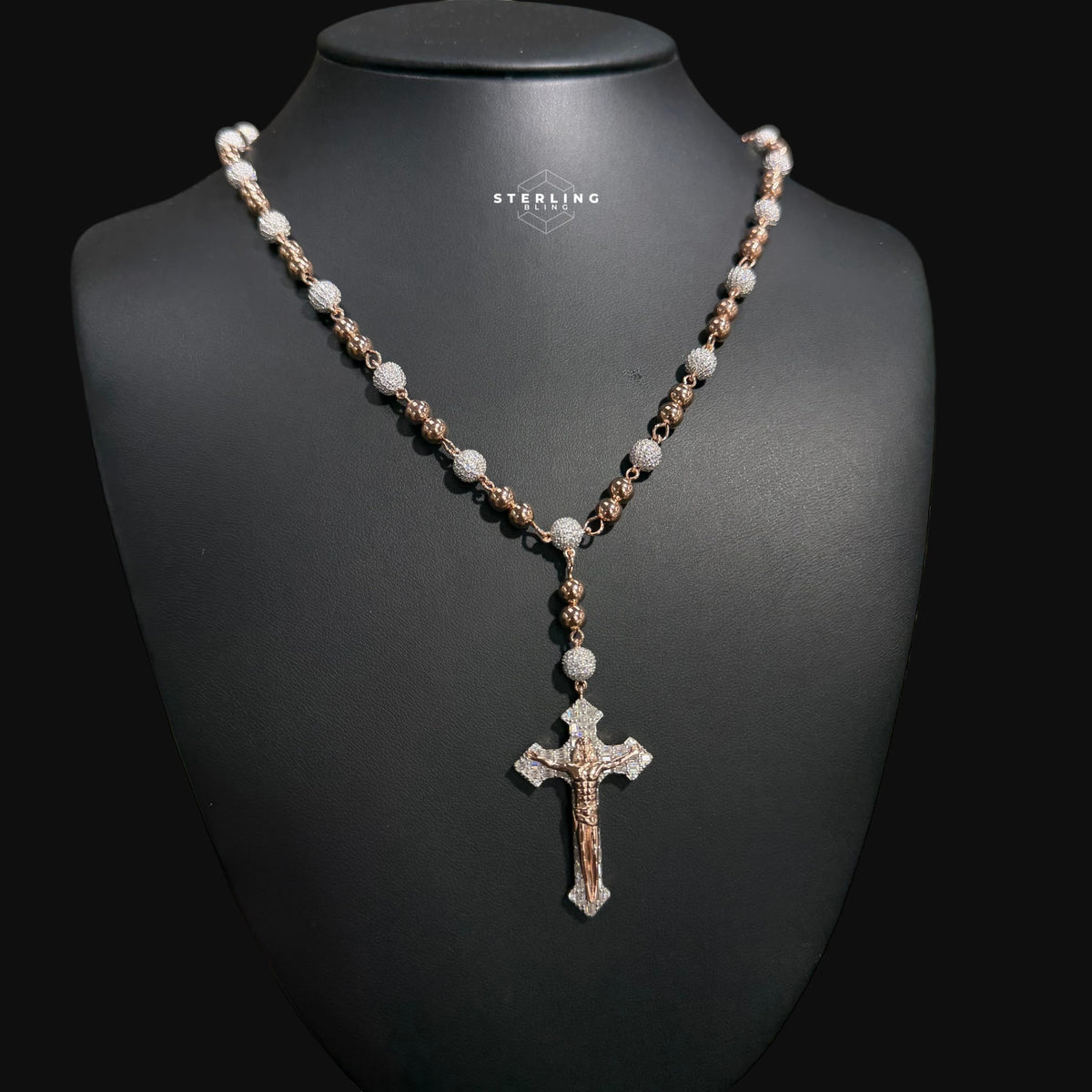 Rose Gold Two Tone Moissanite Rosary Necklace, Iced Out Snowball Bead Jesus Crucifix, 925 Sterling Silver, 22 Inch