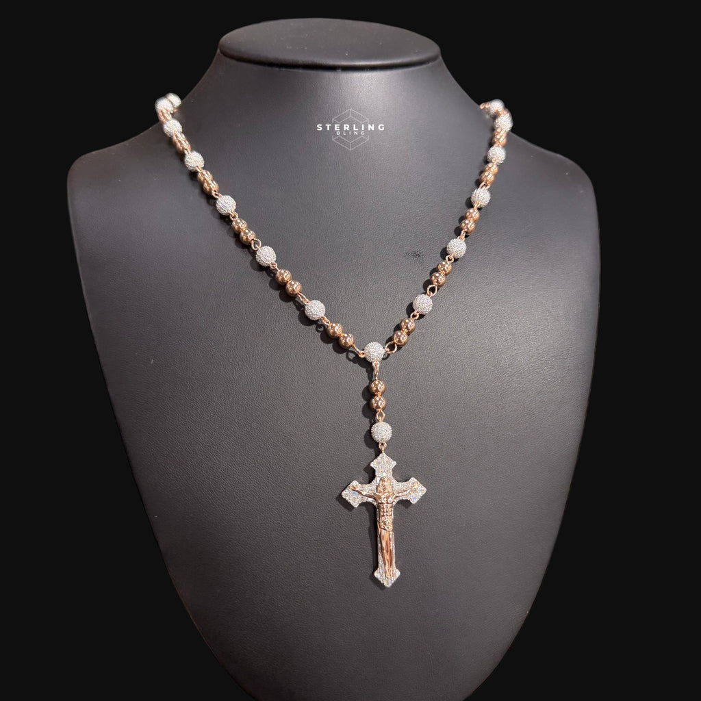 Rose Gold Two Tone Moissanite Rosary Necklace, Iced Out Snowball Bead Jesus Crucifix, 925 Sterling Silver, 22 Inch
