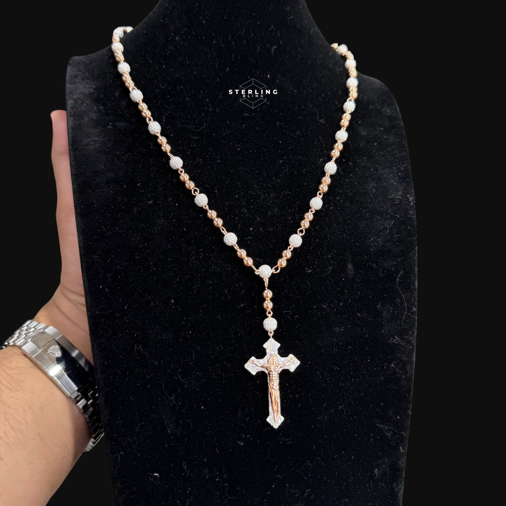 Rose Gold Two Tone Moissanite Rosary Necklace, Iced Out Snowball Bead Jesus Crucifix, 925 Sterling Silver, 22 Inch