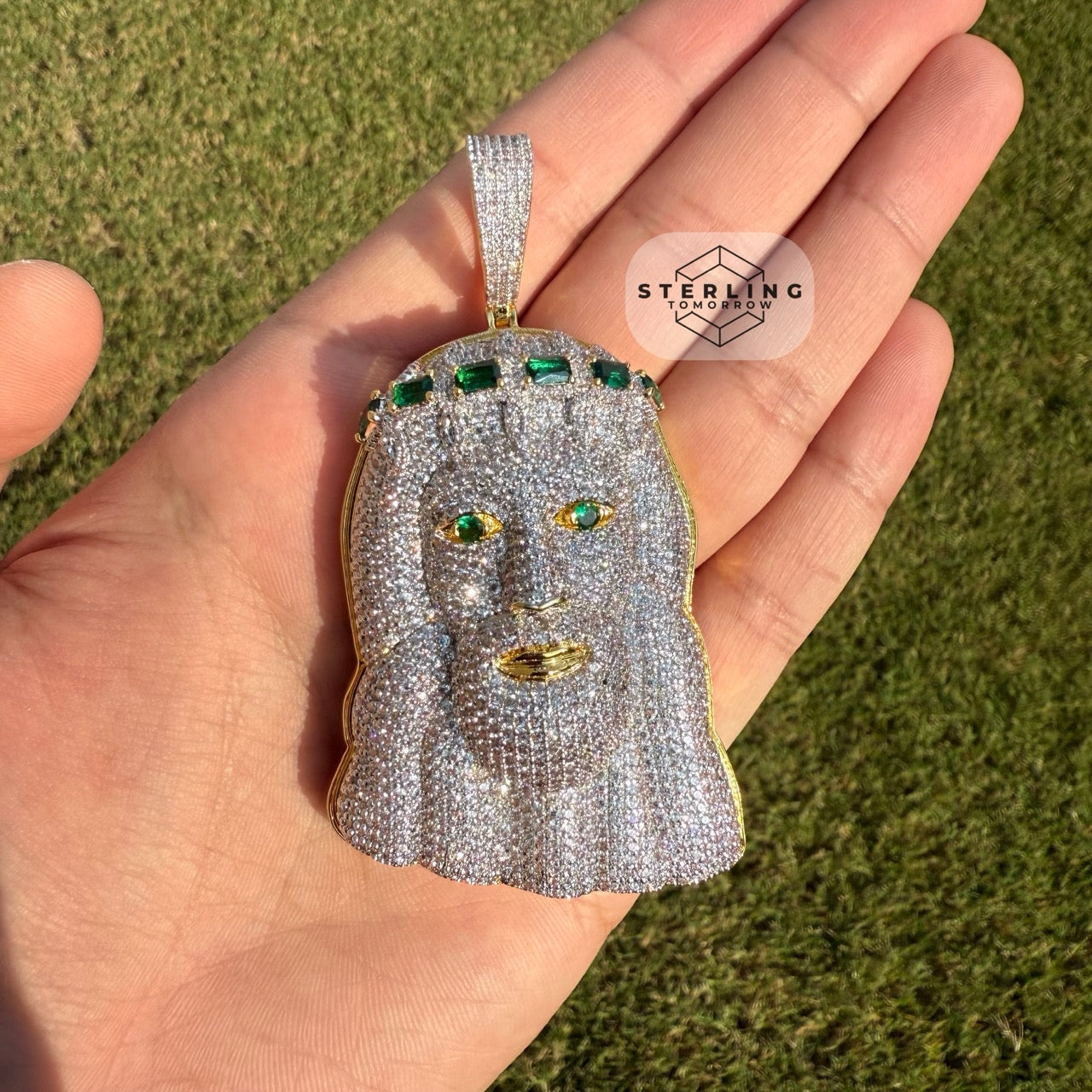Jesus Large Green Gemstone Iced Out Pendant
